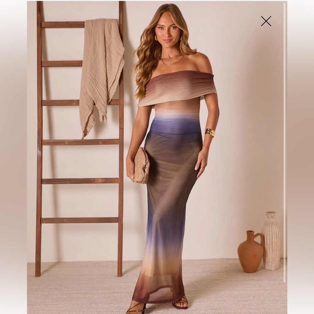Vici Ombré Gradient Mesh Off-Shoulder Maxi Ettie Dress